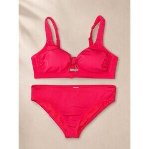 Neon Pink Ribbed Bikini Set Plus Size Colorblock Swimwear Knot Front Top 1X/X